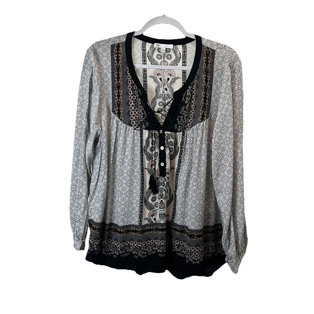Daniel Rainn DR2 Cream Black Floral Peasant Top Tassels Womens Size PXL Petite